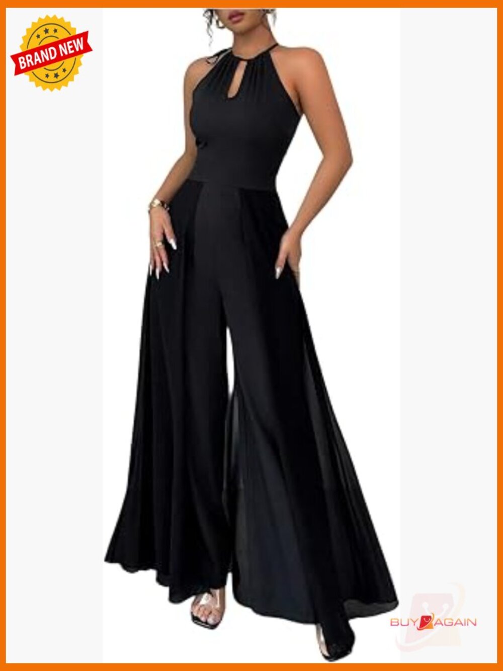 Wide Leg Halter Jumpsuit with Keyhole Front, Elegant Dressy One Piece Outfit